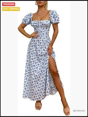 Polyester Elastane Puff Sleeve Floral Maxi Dress A-Line Backless High Slit